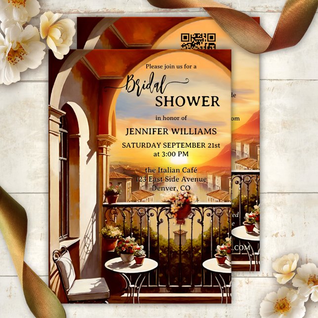 Romantisk italiensk konst-Möhippa Inbjudningar (Bridal shower invitation featuring a painting of an Italian balcony with a view of a sunset - QR)