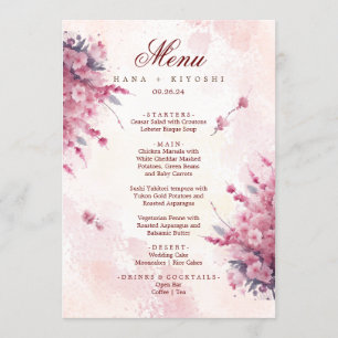 Romantisk japansk Rosa Cherry Blommar Bröllop Menu Meny