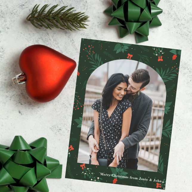 Romantisk julhusfotopapper Grönt Mistletoe Julkort (Skapare uppladdad)