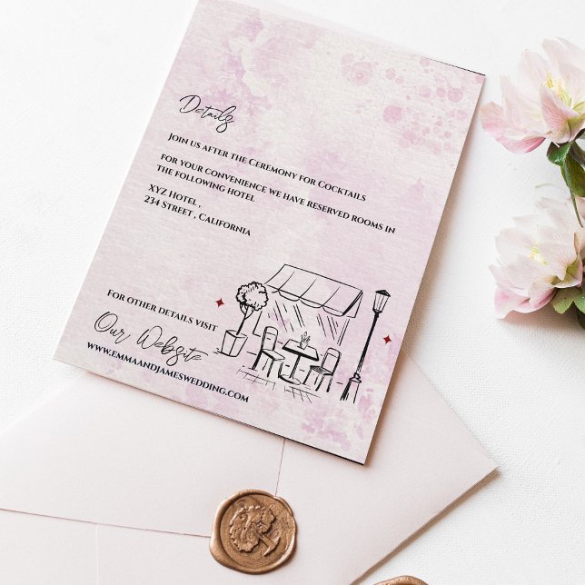 Romantisk Kaffeskiss Bröllopsdetaljer i Rosa Tilläggskort (Romantic Café Sketch Blush Wedding Details Enclosure Card)