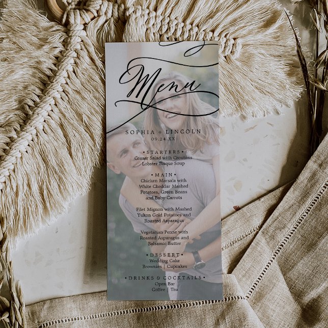 Romantisk kallgrafi Foto Bröllop Dinner Menu Meny (Skapare uppladdad)