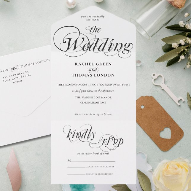 Romantisk kalligrafi Black White Bröllop (Romantic Modern All in One Wedding Invite)