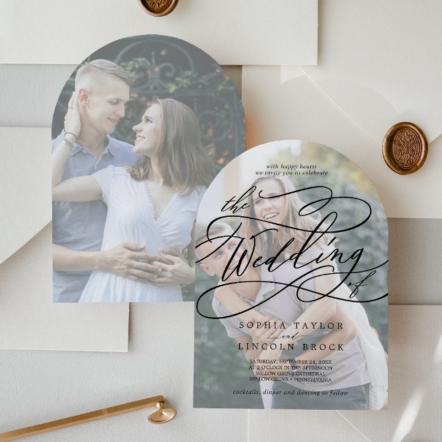 Romantisk kalligrafi, matad foto Arch Bröllop Inbjudningar (Romantic Calligraphy Faded Photo Arch Wedding Invitation)