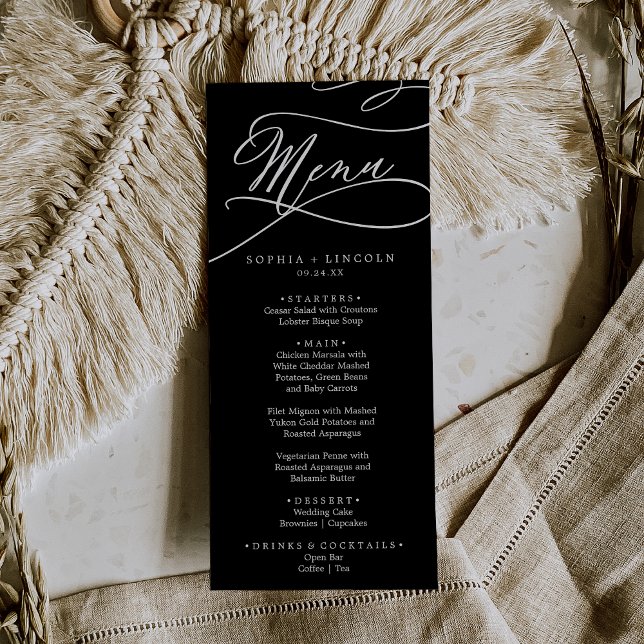 Romantisk kalligrafi | Mörk Black Bröllop Middag Meny (Skapare uppladdad)