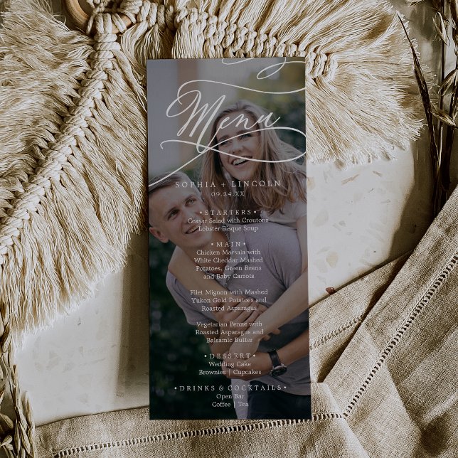 Romantisk kalligrafi Mörk Foto Bröllop Middag Meny (Skapare uppladdad)