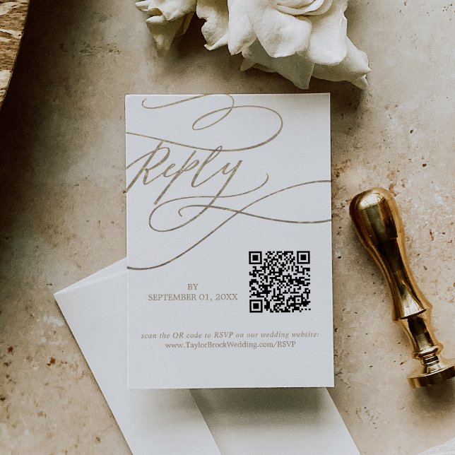 Romantisk kalligrafi QR-kod Guld Bröllop OSA Kort (Romantic Calligraphy QR Code Gold Wedding RSVP Card)
