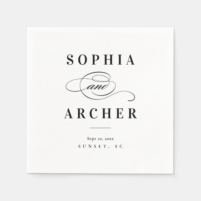 Romantisk kalligrafi svart och vit bröllopsfest pappersservett (Framsidan)