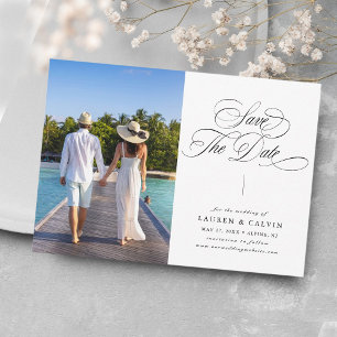 Romantisk kalligrafi, svart och vitt foto spara datumet