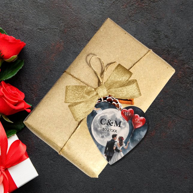 Romantisk Kärlek På Moln Nio Sagobröllop Gåvor Etiketter (Front view romantic red heart balloons lovers on cloud nine midnight sky – Wedding favor tag)