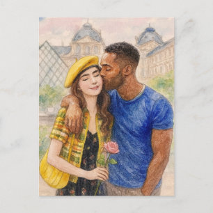Romantisk Kärlek Paris Man Kvinna Akvarell Vykort