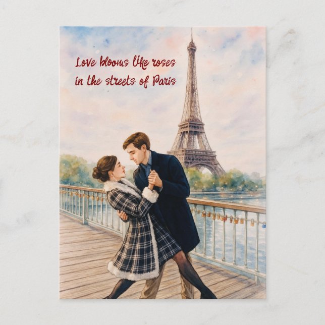 Romantisk Kärlek Paris Man Kvinna Akvarell Vykort (Framsida)