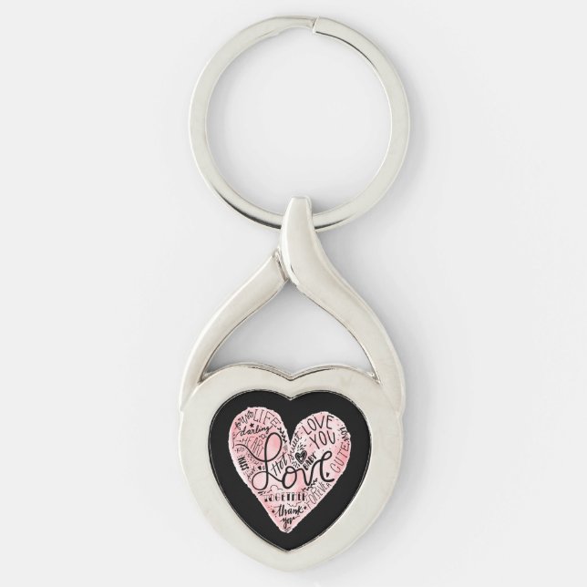Romantisk Kärlek Typografi Hjärta Twisted Heart Silverfärgad Nyckelring (Framsidan)