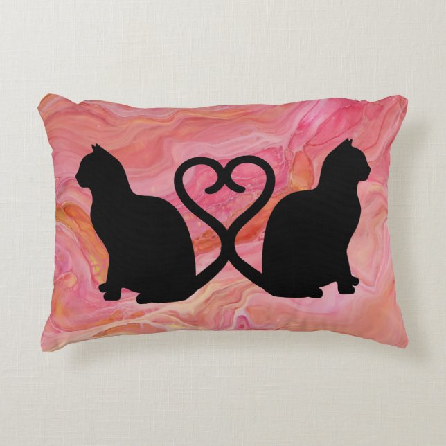 Romantisk Kat Silhouette Heart med Rosa Marble Prydnadskudde (Framsidan)