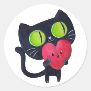 Romantisk katt som kramar Red Cute Heart Runt Klistermärke