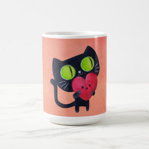 Romantisk katt som kramar röd gullig hjärta kaffemugg
