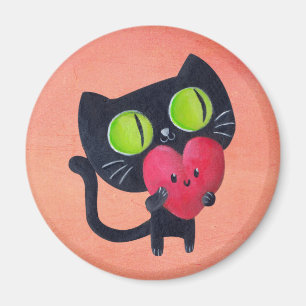 Romantisk katt som kramar röd gullig hjärta magnet