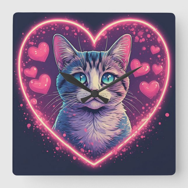 Romantisk kattälskarepresent | Estetiskt neon-djur Fyrkantig Klocka (Framsida)