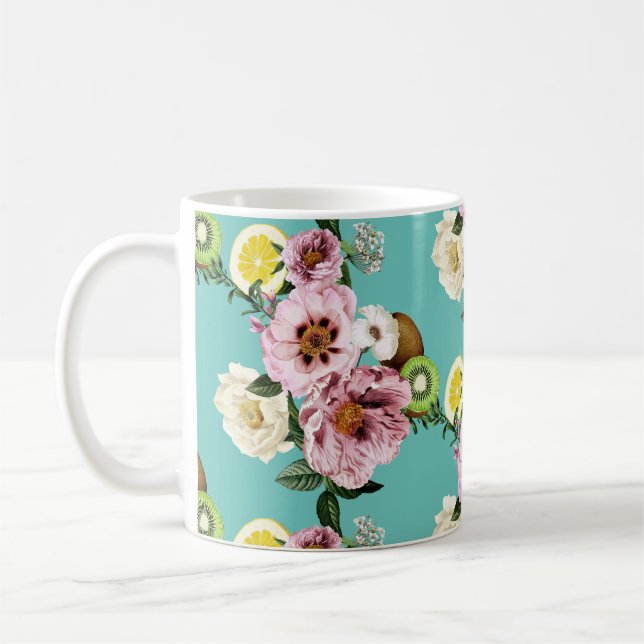 Romantisk kiwi, citron och peony mönster kaffemugg (Vänster)