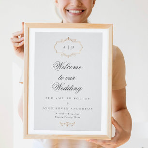 romantisk klassisk guld monogram bröllop poster
