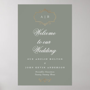 romantisk klassisk guld monogramsage grönt bröllop poster