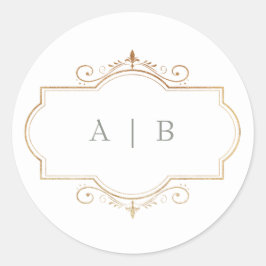 romantisk klassisk guld monogramsage grönt bröllop runt klistermärke