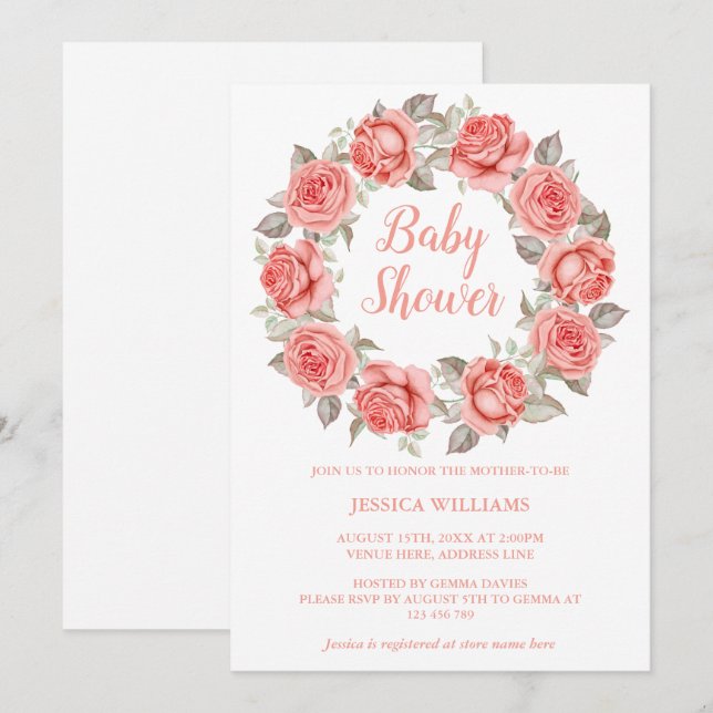 Romantisk Klassisk Rödröskrans Baby Shower Inbjudningar (Fram/baksida)