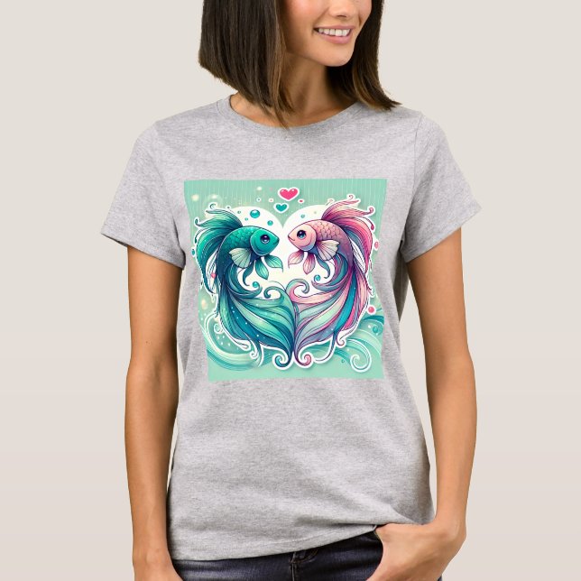 Romantisk Koi Fisk Hjärt Design T Shirt (Framsida)