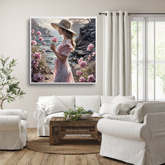 Romantisk konstaffisch av vacker kvinna på sommare poster (Romantic Art Poster of Beautiful Woman in Summer Mockup 1)