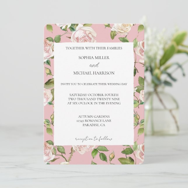 Romantisk Kräm Rosa Blommig Bröllop Inbjudningar (Stående Fram)