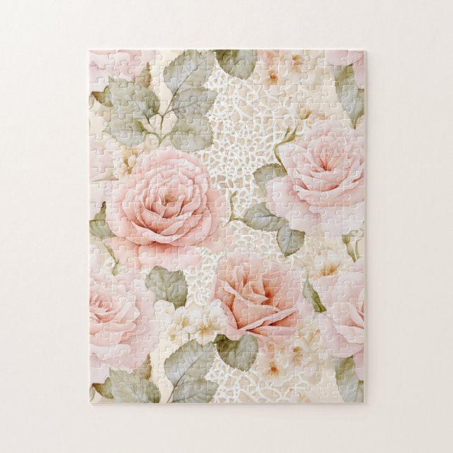 Romantisk Krämfärgad Rodnad Rosa Rosor Blommig Pussel (Vertikal)