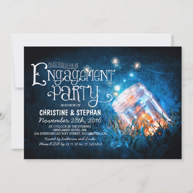 Romantisk krukkrans & eldflugor förlovningsfest inbjudningar (Framsida)