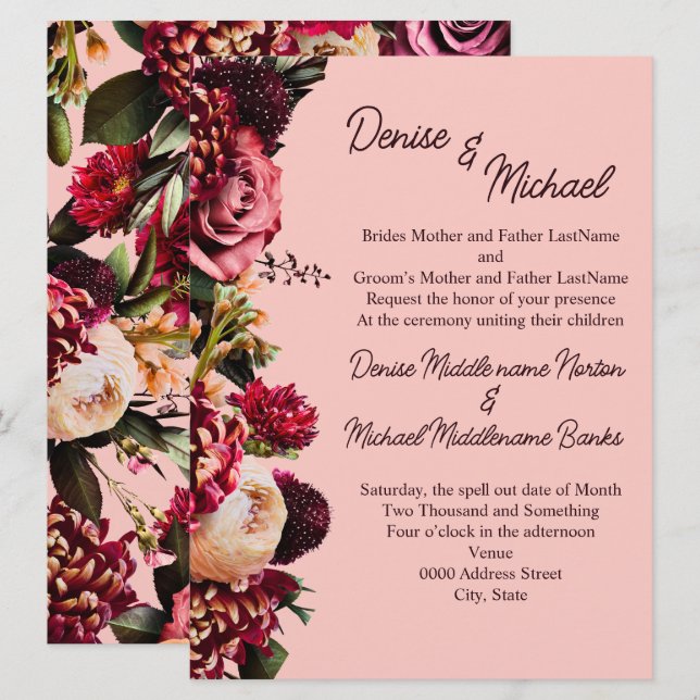 Romantisk krysantemum på tunn rosa slöja inbjudningar (Fram/baksida)