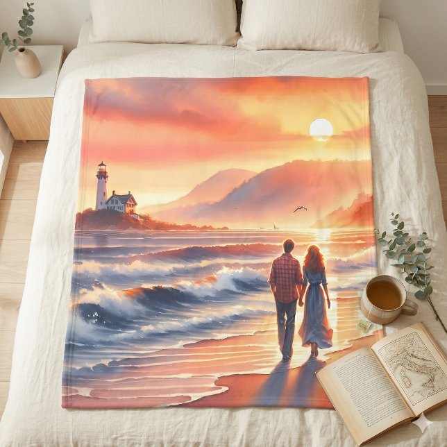 Romantisk kustpromenad vid fyr i solnedgång fleecefilt (Romantic Coastal Sunset Lighthouse Walk Fleece Blanket)