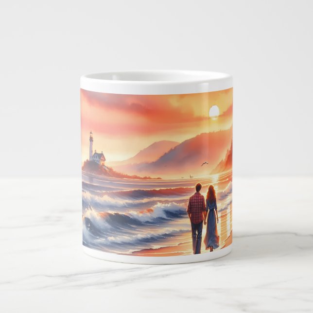 Romantisk kustsolnedgång Promenad vid fyr Jumbo Mugg (Framsidan)