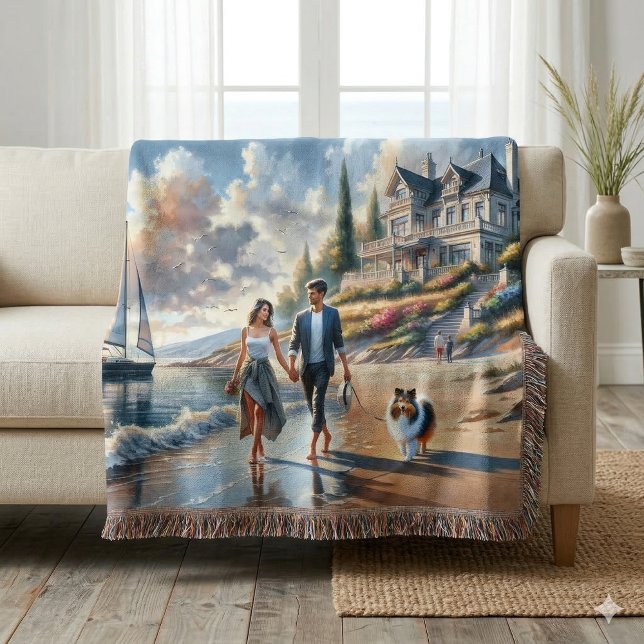 Romantisk kuststuga solnedgångspromenad filt (Romantic Coastal Cottage Sunset Stroll Throw Blanket Draped Over Sofa)