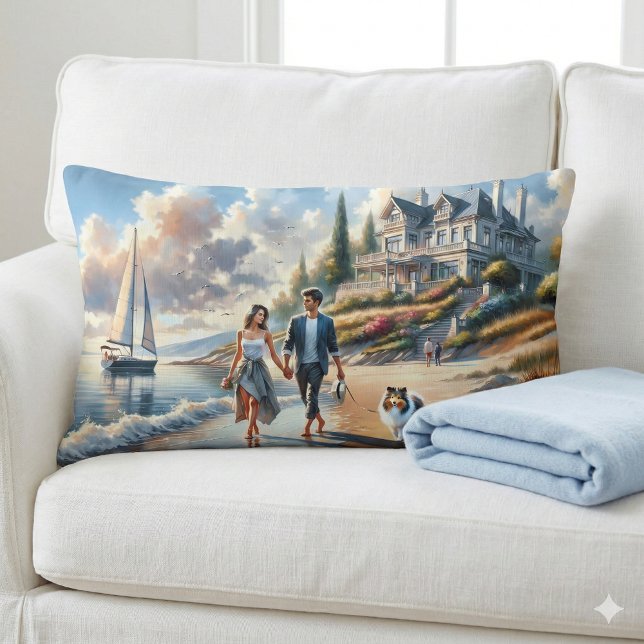 Romantisk kuststuga solnedgångspromenad lumbarkudde (Romantic Coastal Cottage Sunset Stroll Lumbar Pillow Mockup A)