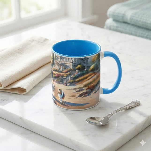 Romantisk kuststuga solnedgångspromenad mugg (Romantic Coastal Cottage Sunset Stroll Mug Mockup A)