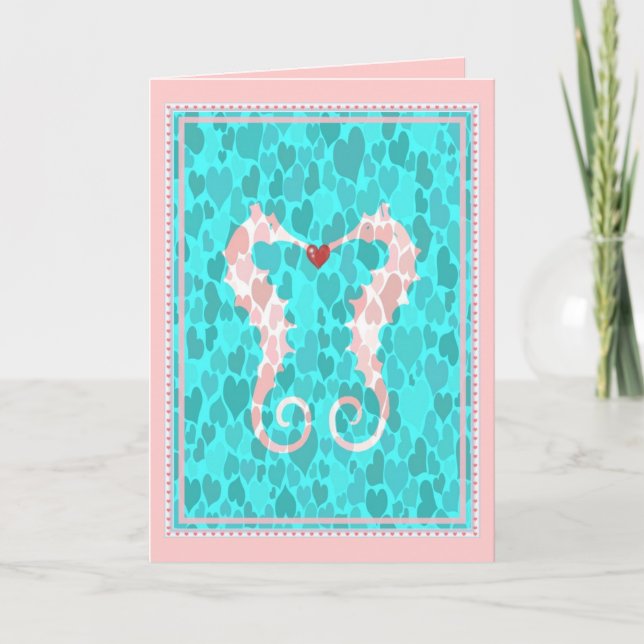 Romantisk kute Seahorse Couple Kärlek Hearts Helgkort (Framsida)