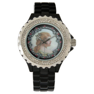 ROMANTISK KVINNA MED DIAMOND FLOWERS VINTAGE ENAME ARMBANDSUR