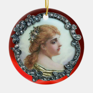 ROMANTISK KVINNA MED DIAMOND FLOWERS VINTAGE ENAME JULGRANSPRYDNAD KERAMIK