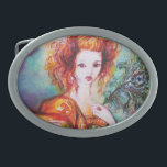 ROMANTISK KVINNA MED PEACOCK FEATHER<br><div class="desc">Ursprunglig vattenfärgsmålning av contemporary med golden foil och färg i ljust grönt,  gult orange,  teal,  turquas,  vit .Elegant,  vacker sofistikerad brunettkvinna, röd,  grönt mousserande guld-vävnader av barockaost med fjädrar i påhitt.Målning av Bulgan Lumini (c).</div>