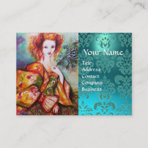 ROMANTISK KVINNA MED PEACOCK FEATHER Blue Damask Visitkort