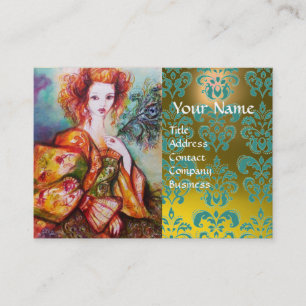 ROMANTISK KVINNA MED PEACOCK FEATHER Gult Damask Visitkort