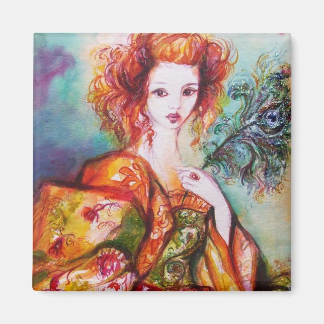 ROMANTISK KVINNA MED PEACOCK FEATHER MAGNET (Framsidan)