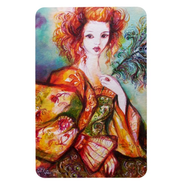 ROMANTISK KVINNA MED PEACOCK FEATHER MAGNET (Vertikal)