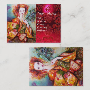ROMANTISK KVINNA MED PEACOCK FEATHER Red Damask Visitkort