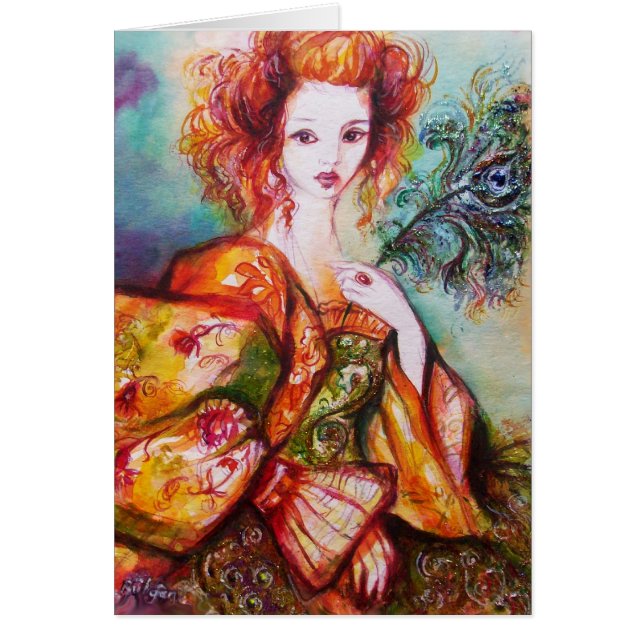 ROMANTISK KVINNA MED SPARKLING PEACOCK FEATHER HÄLSNINGSKORT (Framsidan)