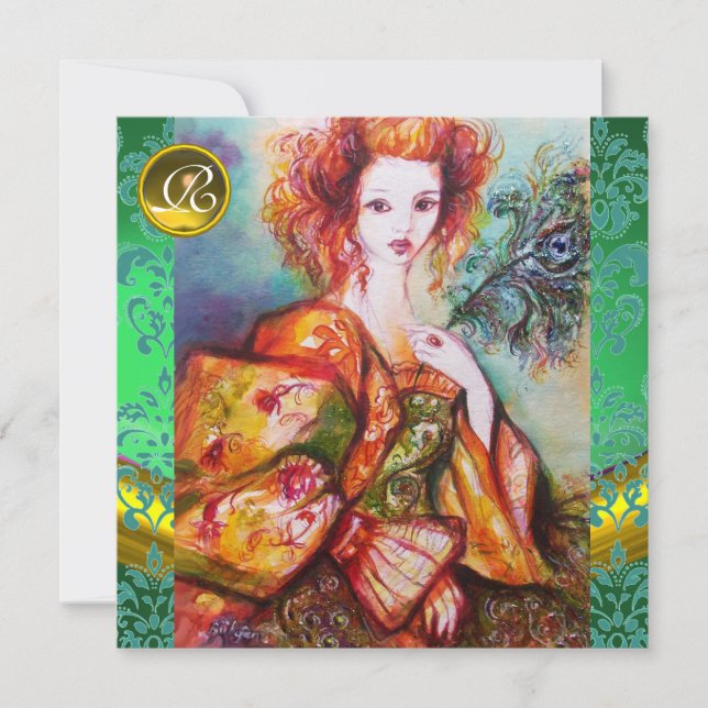 ROMANTISK KVINNA MED SPARKLING PEACOCK FEATHER INBJUDNINGAR (Framsida)