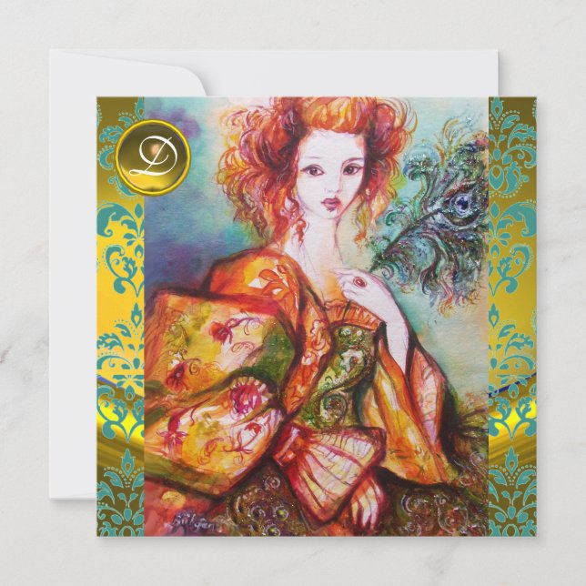 ROMANTISK KVINNA MED SPARKLING PEACOCK FEATHER INBJUDNINGAR (Framsida)