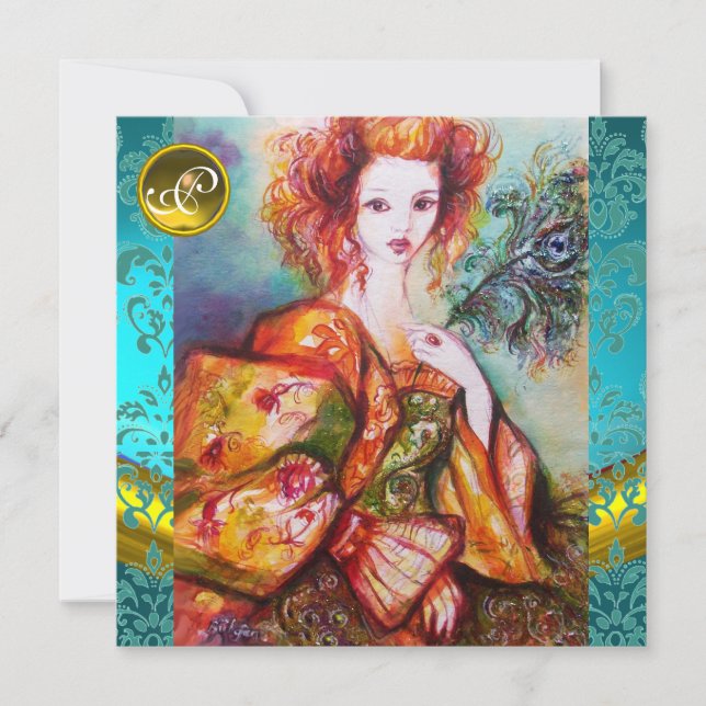 ROMANTISK KVINNA MED SPARKLING PEACOCK FEATHER INBJUDNINGAR (Framsida)